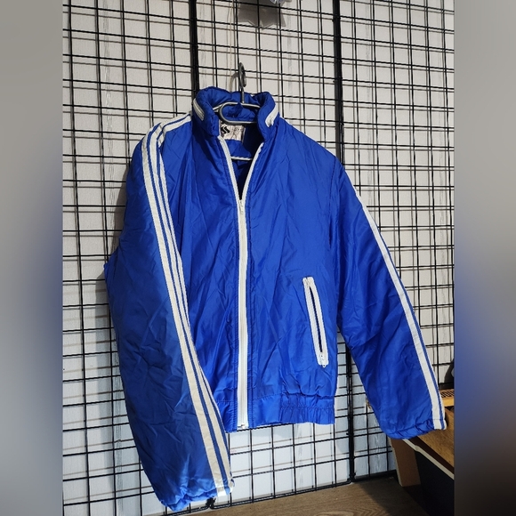 Vintage BLUE puffer Style Canadian JACKET With Hood Track Style - Picture 1 of 6